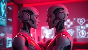 Engaging virtual intimate interaction with AI characters in a cozy, tech-savvy setting emphasizing sex ai.