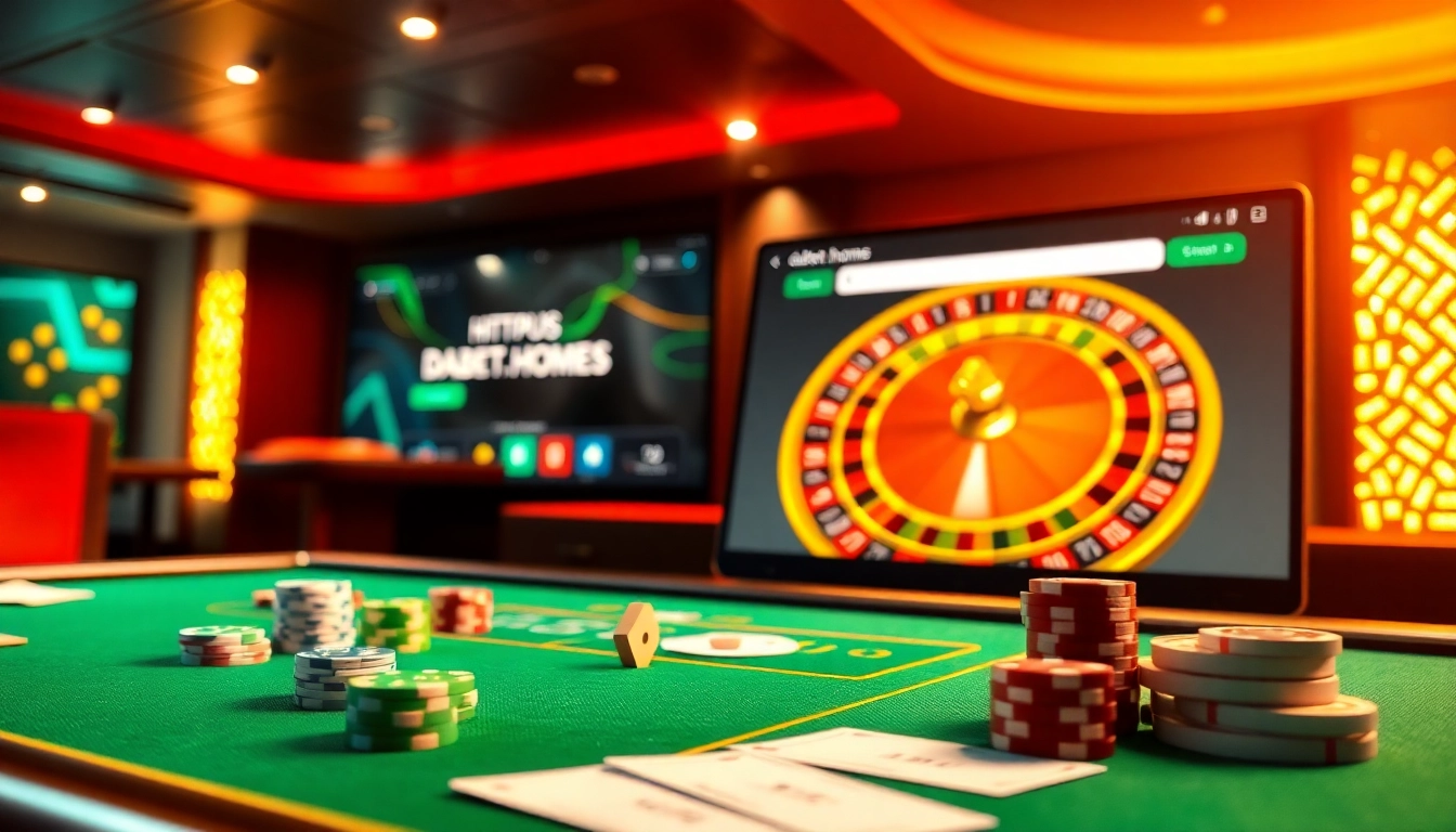 A thrilling gambling experience visual featuring the website https://dabet.homes, showcasing poker chips and a roulette wheel.