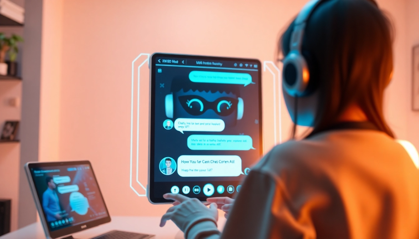 Dynamic NSFW character AI interaction showcasing a digital chat interface with an engaging avatar and tech elements.