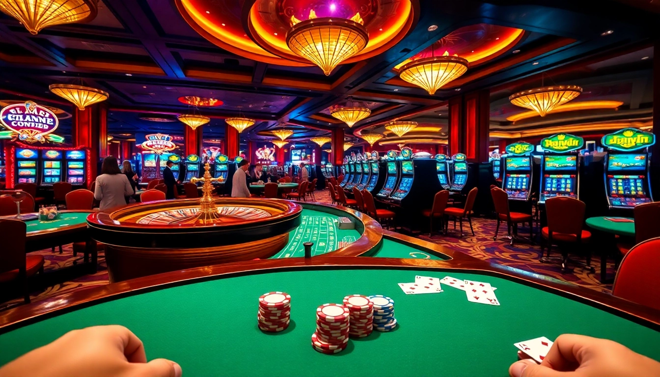 Engaging casino scene from https://1haywin.us.com/ featuring players at tables, vibrant slot machines, and poker action.