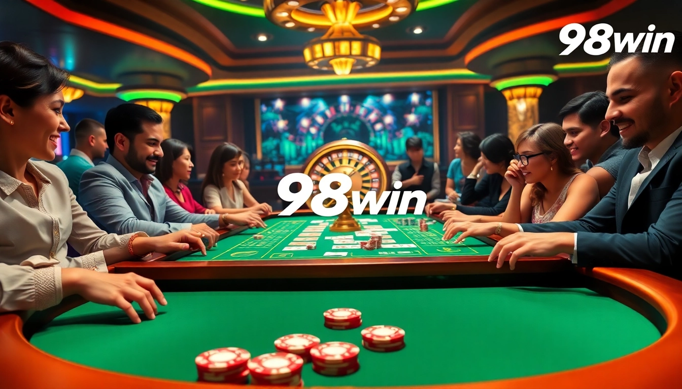 Engaging casino scene with 98win flair, featuring poker chips and lively players.