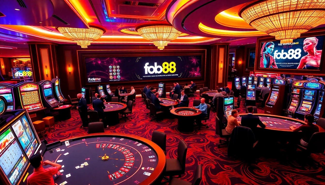 Engage with thrilling games at fb88's glamorous casino, showcasing high-stakes action and vibrant ambiance.