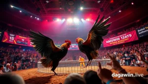 Live cockfight showcasing intense competition on dagawin.live with cheering crowd and colorful arena.