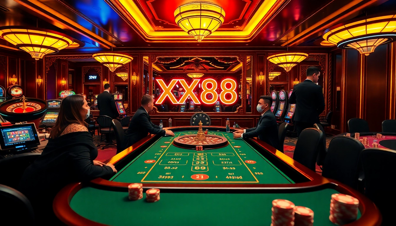 Exciting gambling action at a casino with XX88-themed poker tables and vibrant slot machines.