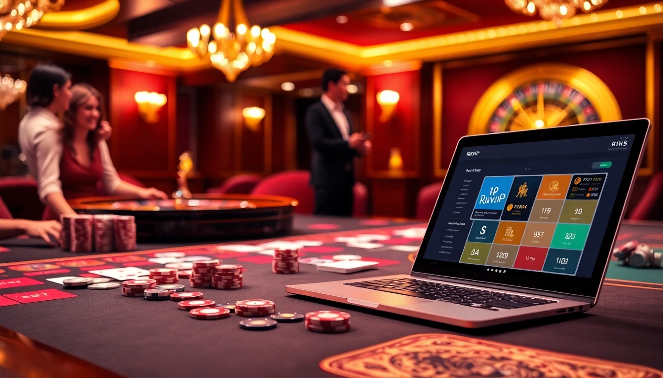 Tác giả RIKVIP showcases an exciting casino table with vibrant poker chips and a roulette wheel.