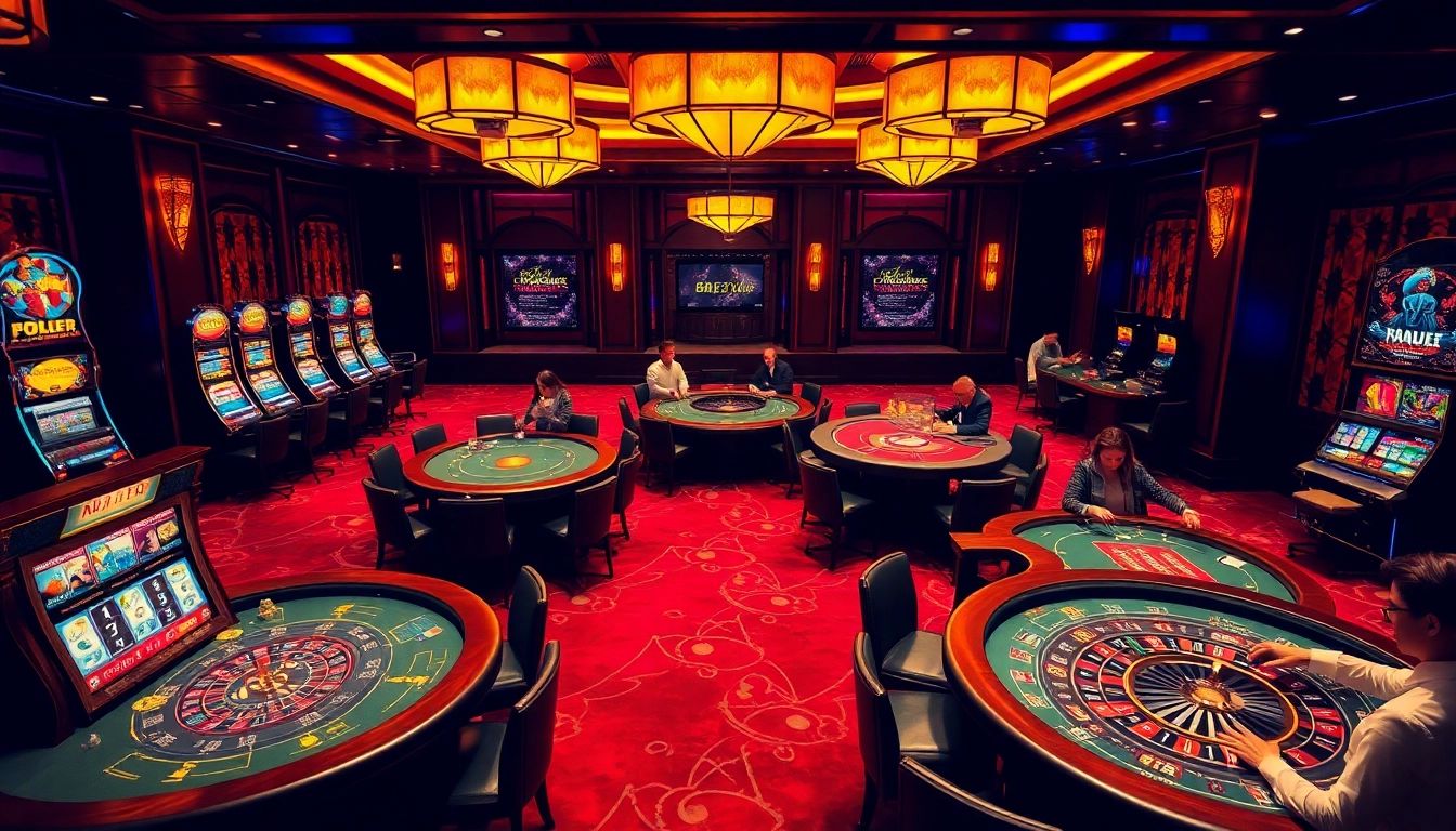 Gamblers celebrating wins at the b52 club casino, with vibrant card games and slot machines.