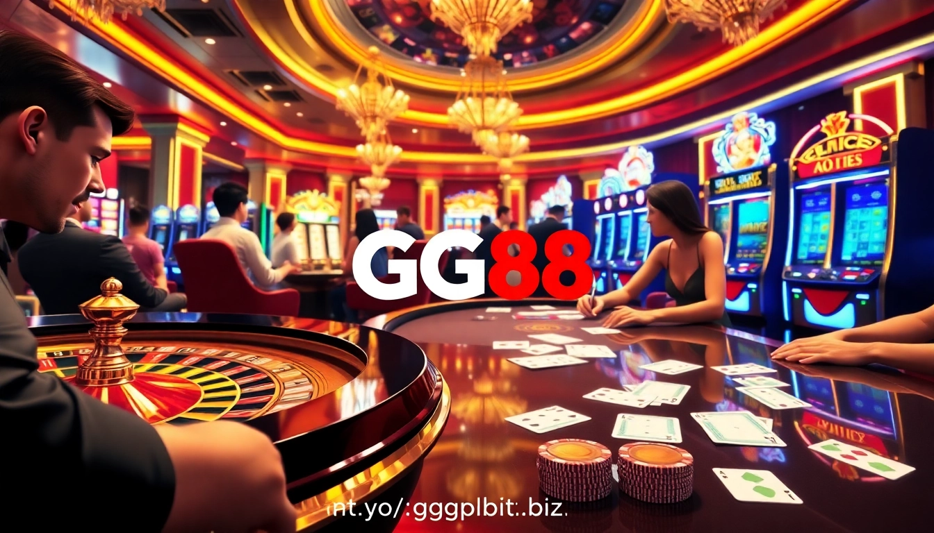 Exciting casino gameplay at https://gg88.biz/ with players at the roulette table and slot machines.