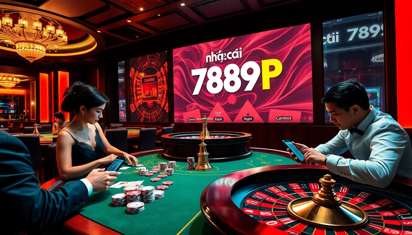 A vibrant casino scene showcasing excitement around a blackjack table, integrating the brand nhà cái 789P for a modern gambling experience.