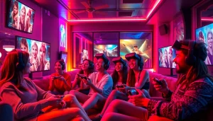 Excited players immersed in XXX games at a modern gaming lounge.