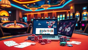 Engaging scene of f168 đăng nhập interface displayed on a laptop amidst vibrant casino elements like poker chips and cards.