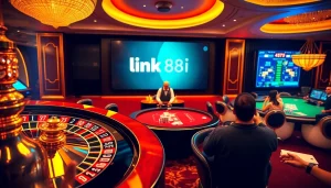 Experience the excitement with link 88i as players engage in poker and roulette games at a vibrant casino.