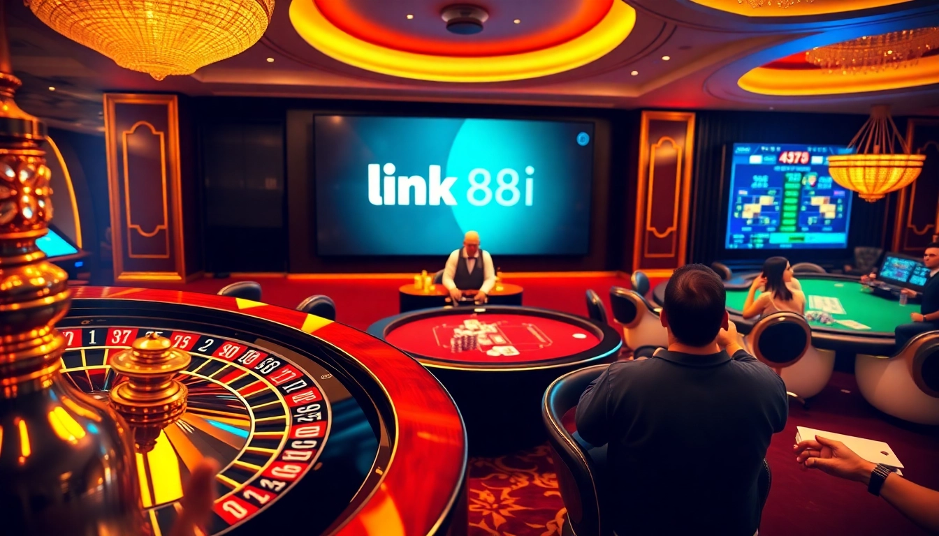 Experience the excitement with link 88i as players engage in poker and roulette games at a vibrant casino.