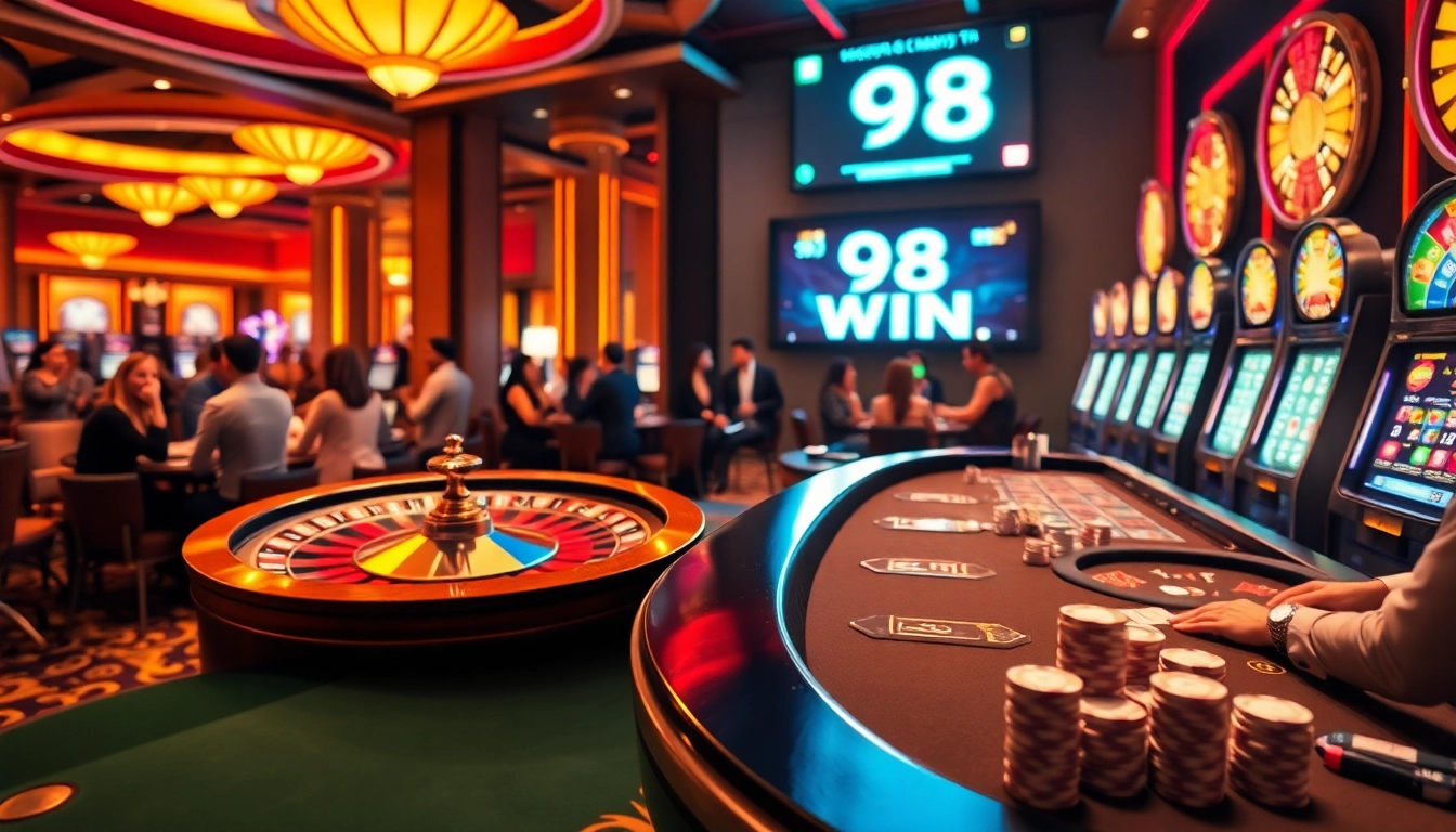 Players celebrating their wins at a casino, highlighting the 98 win experience with slots, roulette, and poker.