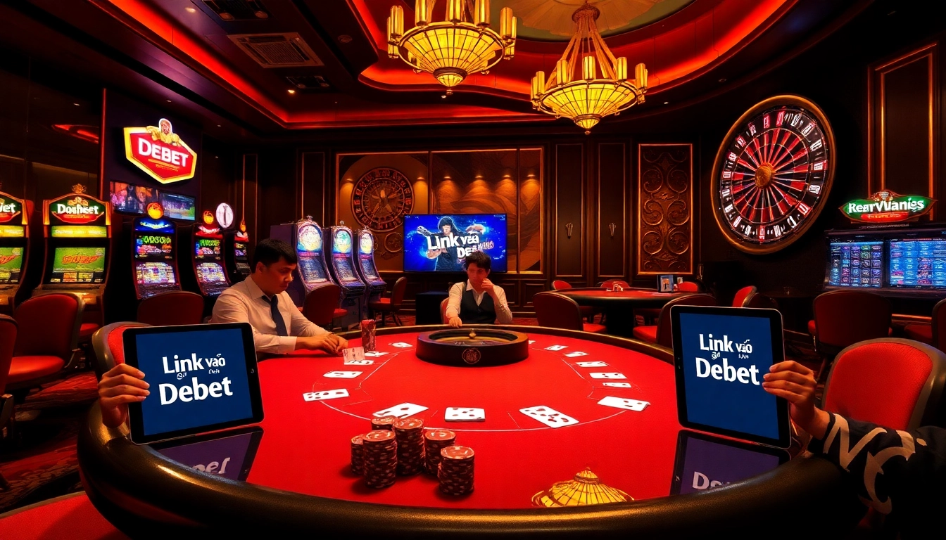 Exciting gaming atmosphere showcasing Link vào Debet with poker games, slots, and roulette.