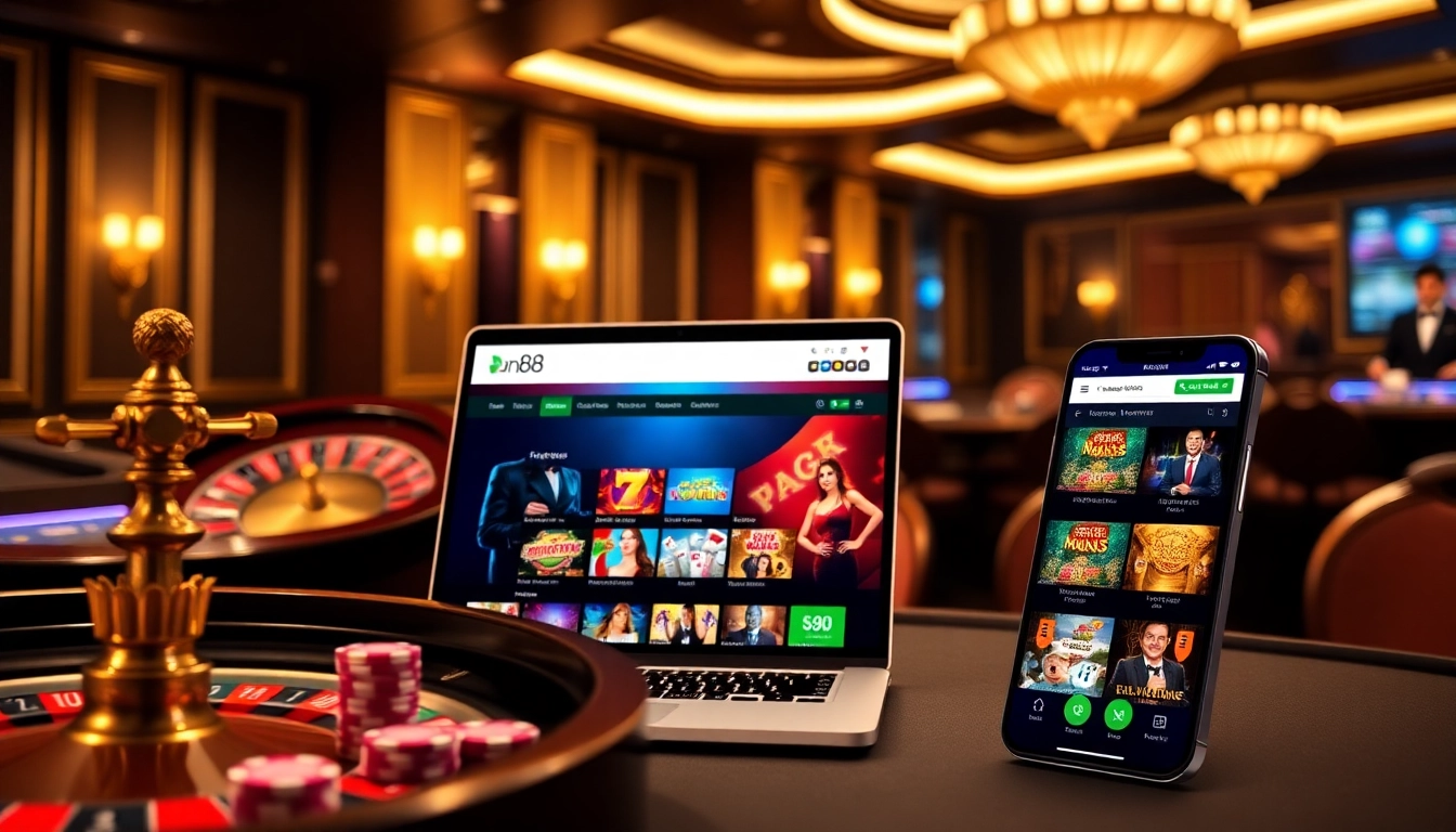 Experience the excitement of dn88.com with vibrant casino visuals showcasing roulette, poker, and luxurious gaming atmosphere.