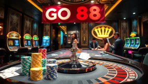 Experience the thrill of GO 88 as players engage in live casino action surrounded by vibrant gaming elements.