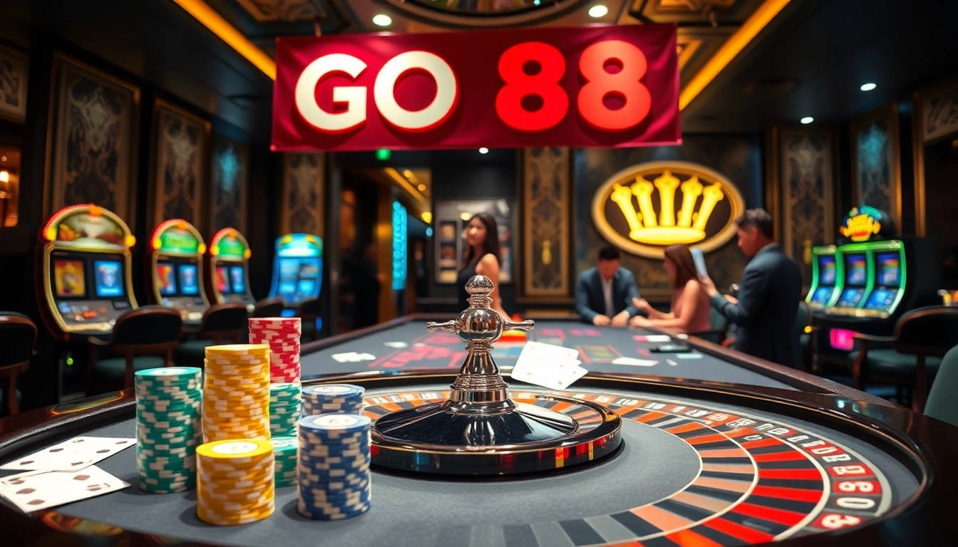 Experience the thrill of GO 88 as players engage in live casino action surrounded by vibrant gaming elements.