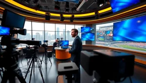 Engaging scene of sports broadcasting studio showcasing vibrant atmosphere with advanced equipment.