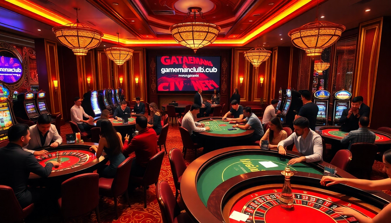Players enjoying a lively casino scene at https://gamemanclub.wiki, with roulette tables and slot machines.
