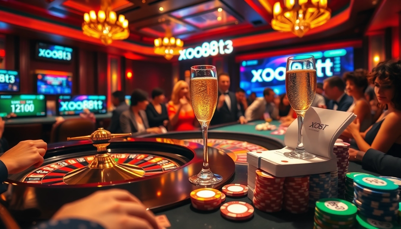 Experience the thrill of gambling at the roulette table with xo88t3, featuring vibrant chips and a celebratory mood.