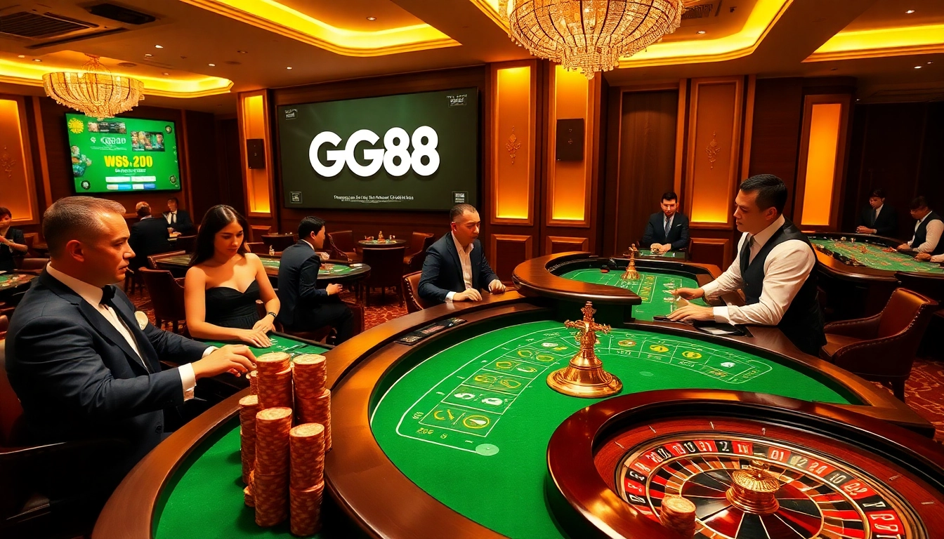Players enjoying an exciting game at GG88 casino, surrounded by chips and a roulette table.