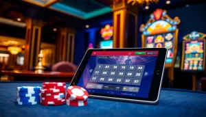 Vt88 nhà cái showcasing an online casino experience with virtual slot machines and stylish poker chips.