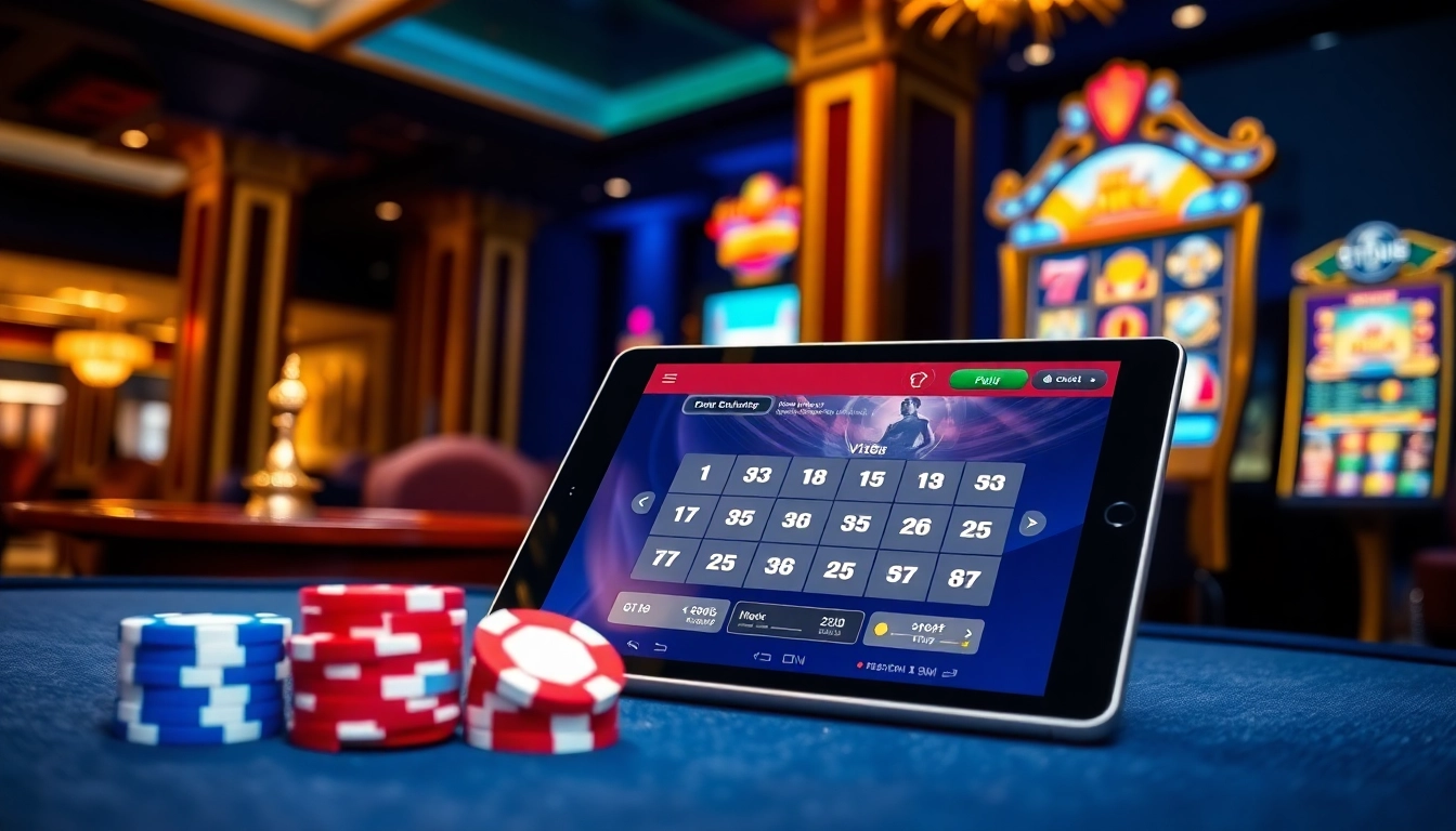 Vt88 nhà cái showcasing an online casino experience with virtual slot machines and stylish poker chips.