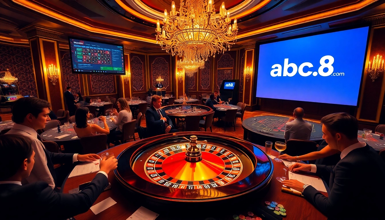 Experience the thrill of abc8.com with an elegant casino scene featuring intense poker action.