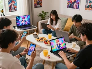 Players immersing in porngame experiences on multiple devices in cozy setting.