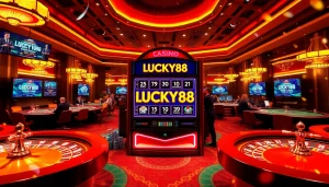 Experience the thrill of LUCKY88 slot machine in a vibrant casino atmosphere filled with excitement.