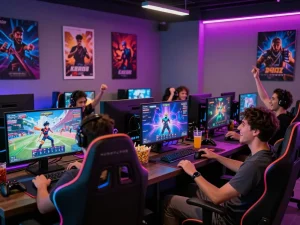 Engaged friends playing porn games online in a vibrant gaming lounge, showcasing an interactive adult gaming experience.