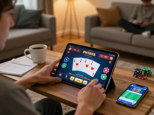 PHTAYA player engaging in live casino gaming on tablet, showcasing strategic bankroll management.