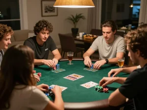 Friends strategizing at a lively poker game night, showcasing fun at mb66.