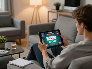 N188 players enjoying online gaming on a tablet at home, showcasing strategic gameplay and comfortable atmosphere