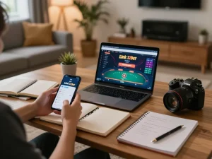 Chơi trên ứng dụng Link 12bet bằng smartphone trong không gian ấm cúng của gia đình, minh họa bầu không khí cờ bạc trực tuyến