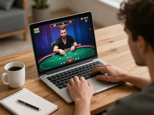 Player strategizing in 888b online poker game on laptop, focused and engaged.