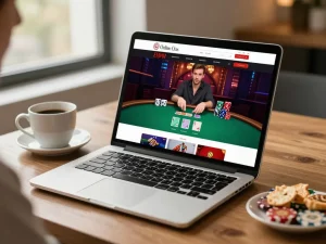 mn88 player engaging in an exciting poker game on a modern laptop in a cozy home setting