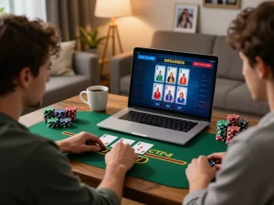 Player making a strategic move in online blackjack on dv88 net, showcasing an engaging home gambling environment.