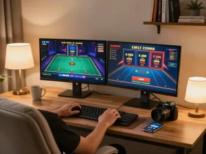 Player engaging in online gaming at home, experiencing u888's live dealer excitement.