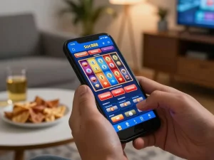 Player engaging with soc888 mobile app, spinning slot reels in a cozy home setting.