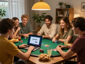 Engaging online poker night with friends using rokok88 login on laptop, warm home atmosphere