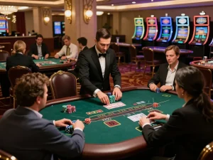 No hu players gathering around an engaging blackjack table, enjoying strategic gameplay in a luxurious casino.