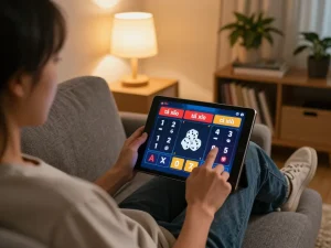 Playing tài xỉu online on a tablet while enjoying a cozy home atmosphere, showcasing strategic betting.