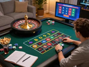 Players engage in thrilling online roulette at SC88, displaying chips and excitement from cozy home setup.