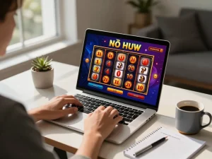 Nổ hũ gaming setup featuring a player enjoying exciting slot gameplay on a laptop at home