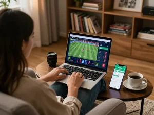 Engaging setup for sports betting on vaobet, featuring a cozy home gaming scene with laptop and mobile app.