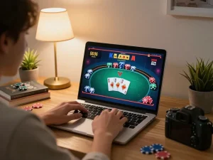 Bet168 online gaming session with a user engaged in poker, demonstrating a strategic approach to gambling.