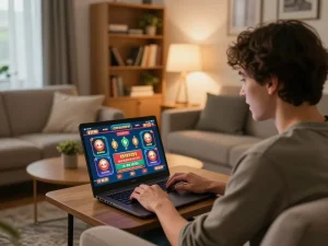 Engaging online casino gameplay on a laptop evolving with 566 in the cozy surroundings of a stylish home.