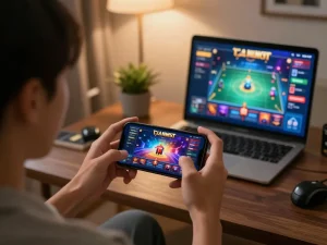 RR88 user engaging in mobile casino app gameplay in a cozy home environment, highlighting online gambling experience.