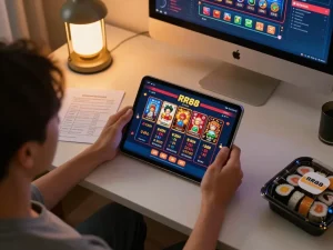 Engaged participant gaming on RR88 tablet amidst strategic betting notes and warm ambiance.